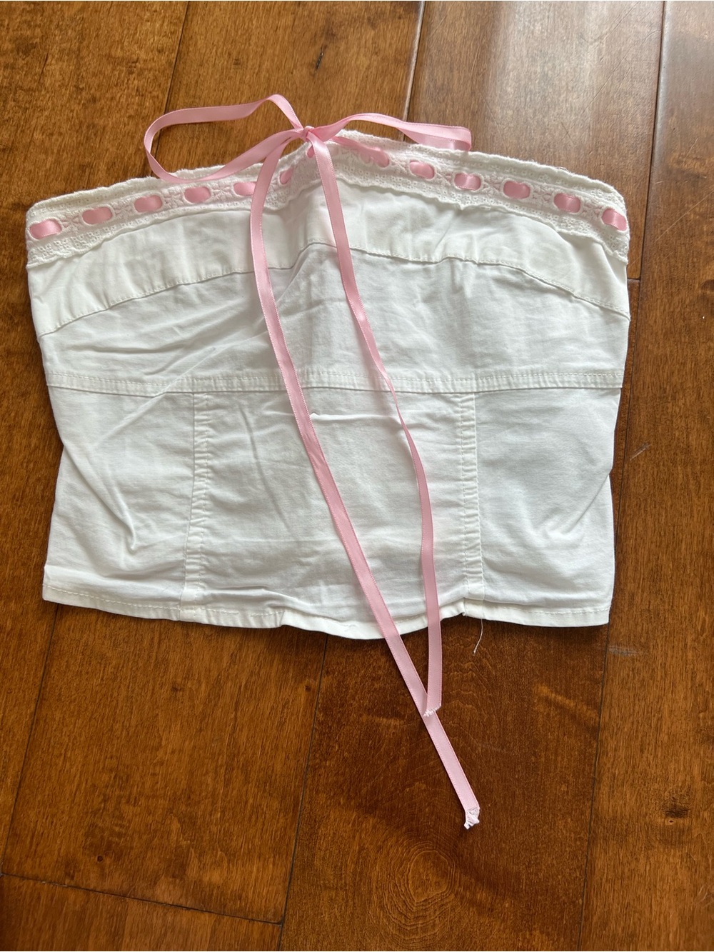 Edikted White Crop Top with Pink Ribbon Trim